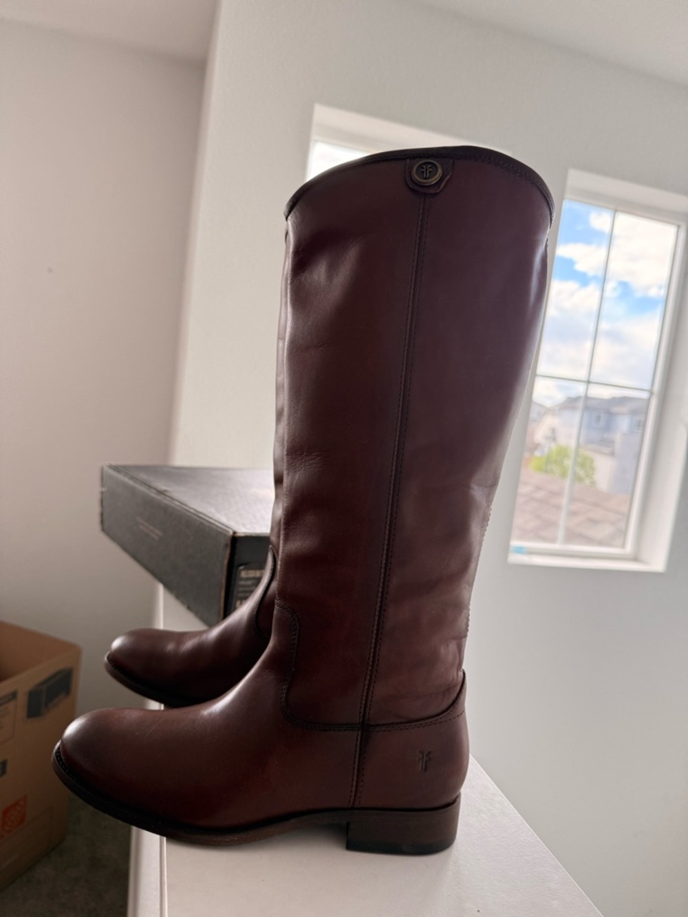 NWT Frye - Melissa Button 2 tall boots, size 6.5 extended, in Redwood leather.